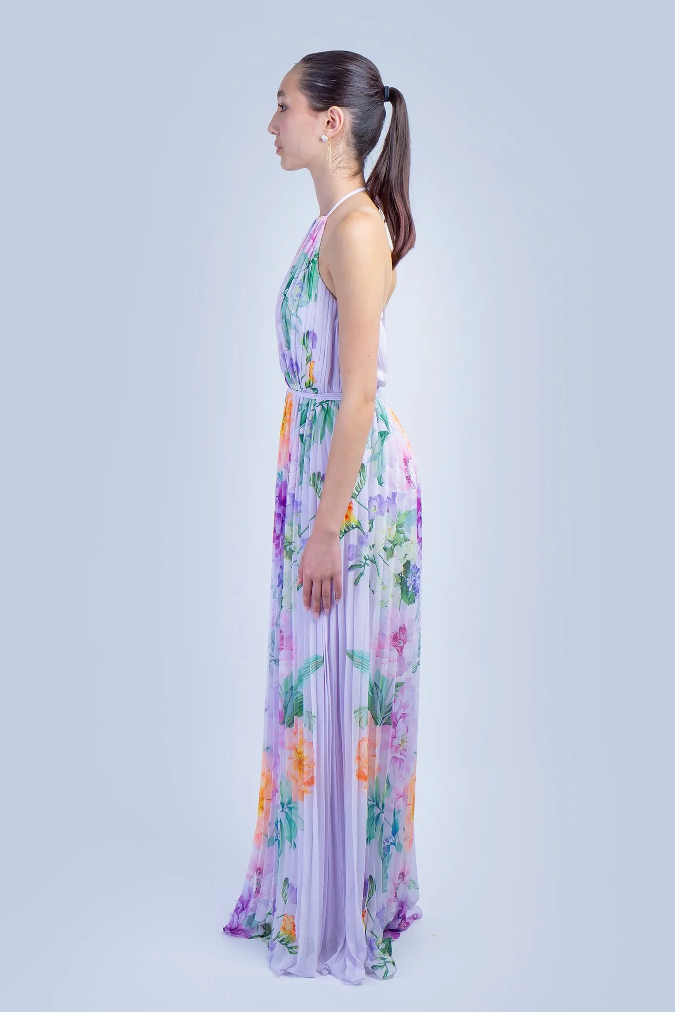 Lavender Orange Floral Pleated Halter Gown