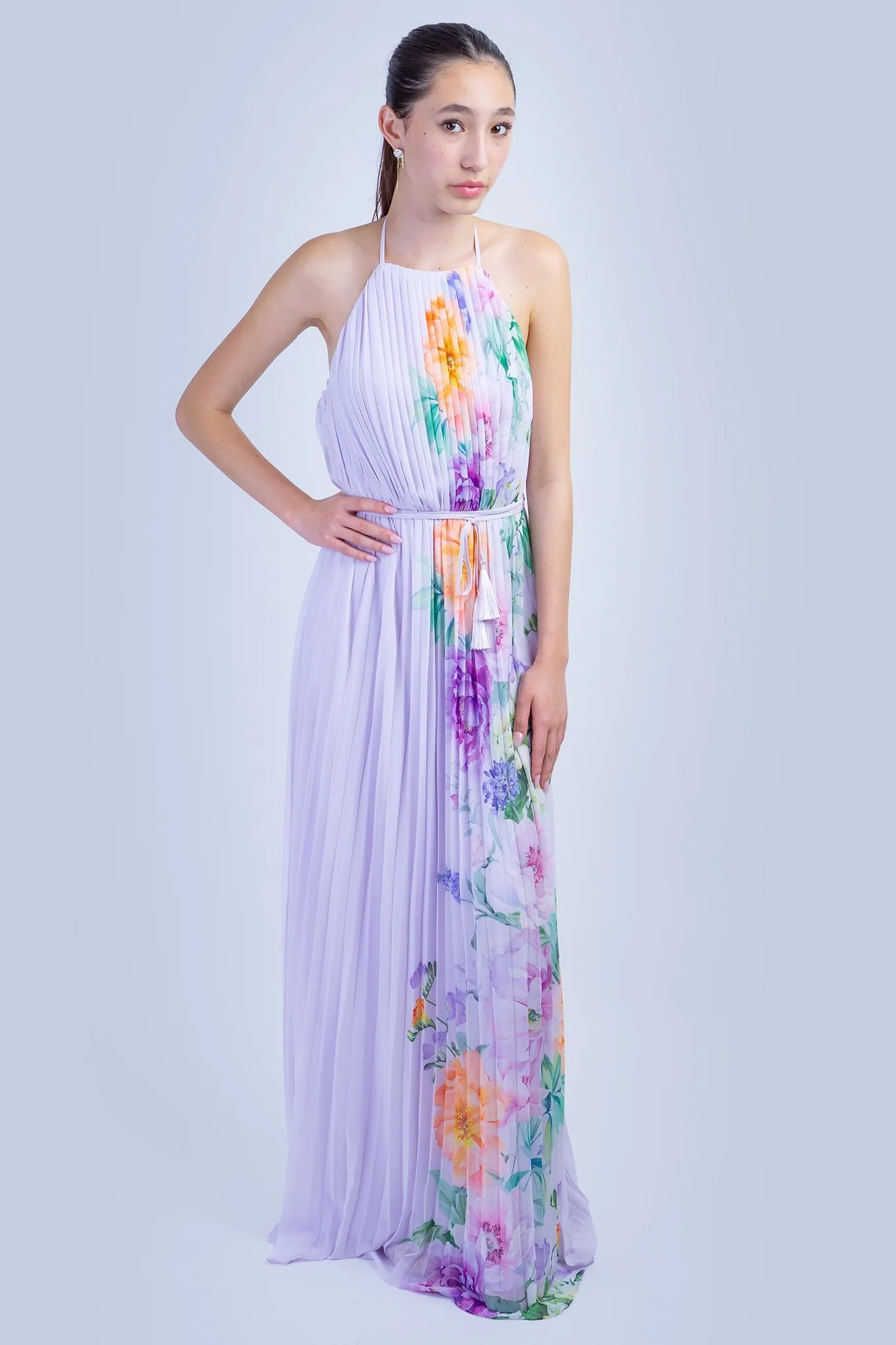 Lavender Orange Floral Pleated Halter Gown