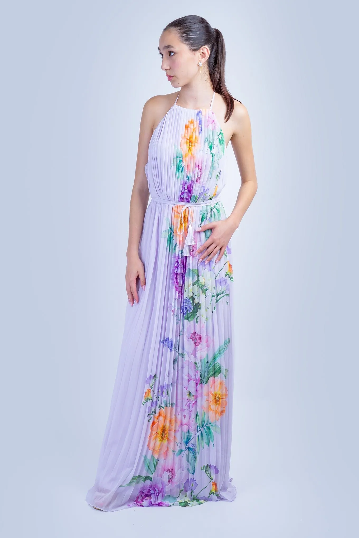Lavender Orange Floral Pleated Halter Gown