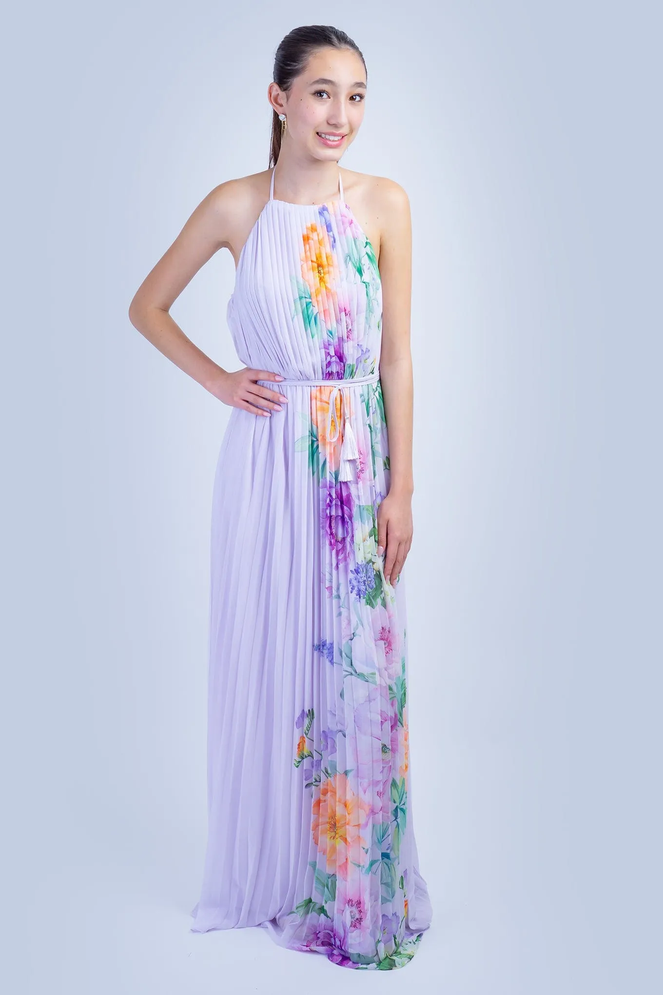 Lavender Orange Floral Pleated Halter Gown