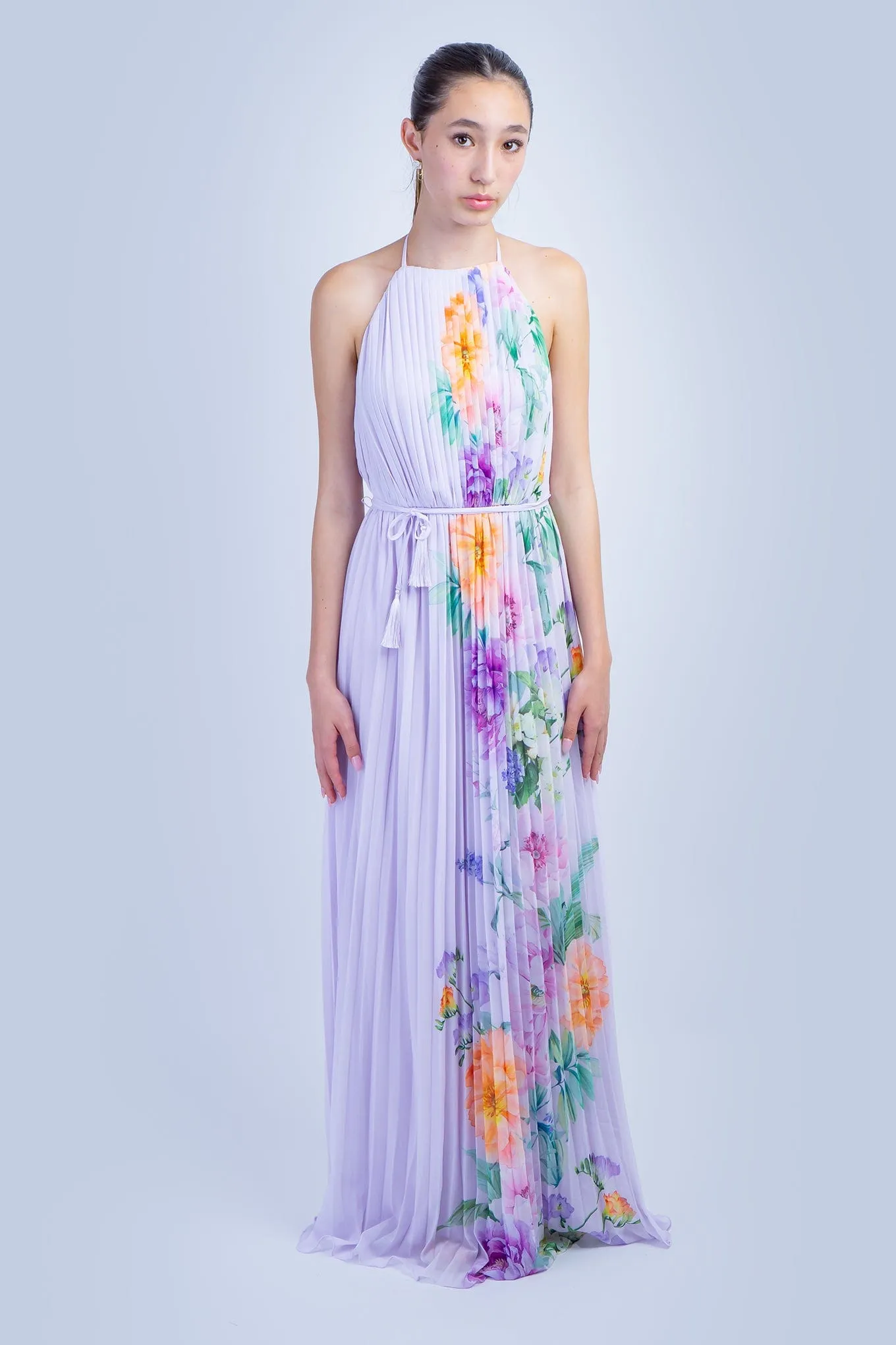 Lavender Orange Floral Pleated Halter Gown