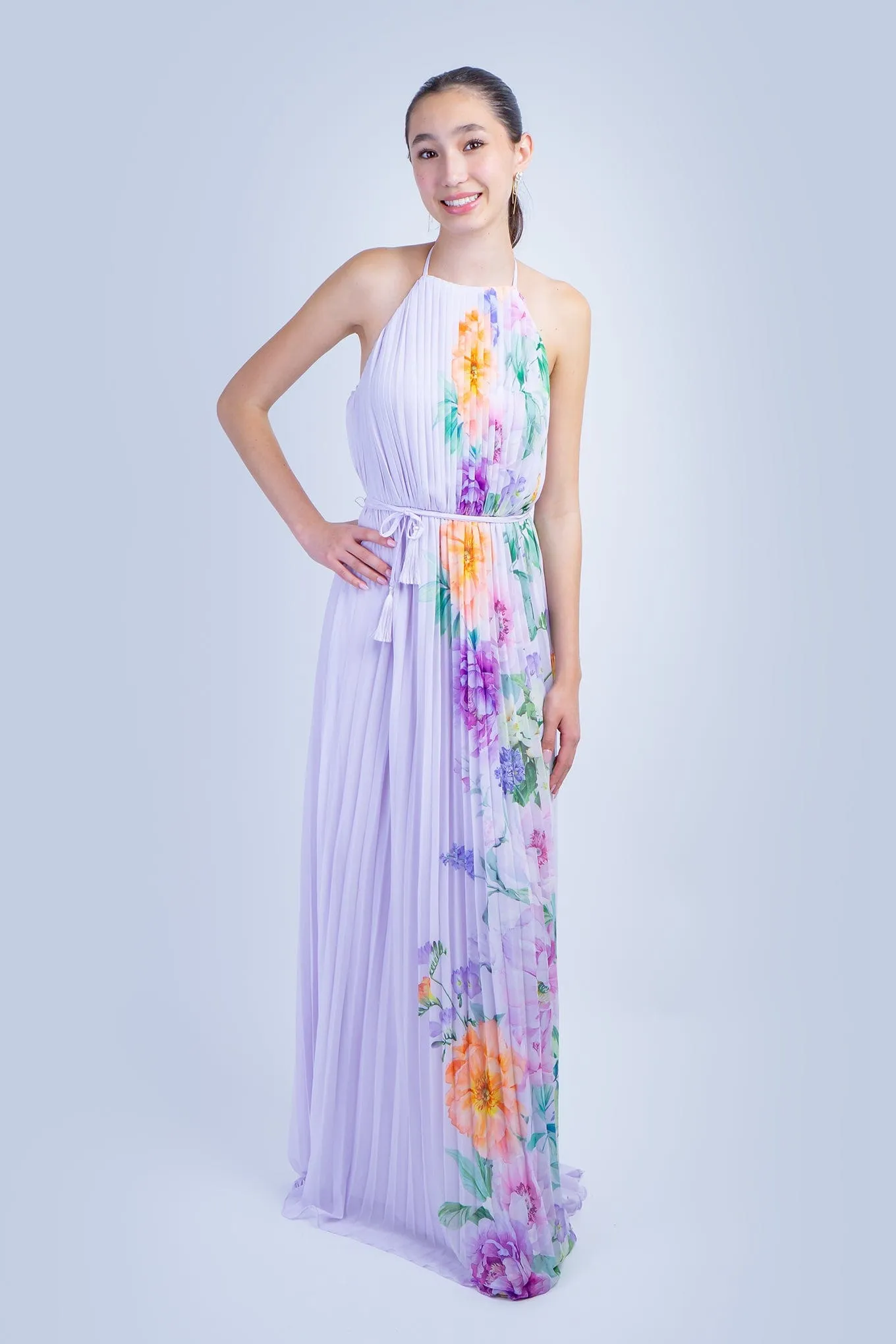 Lavender Orange Floral Pleated Halter Gown