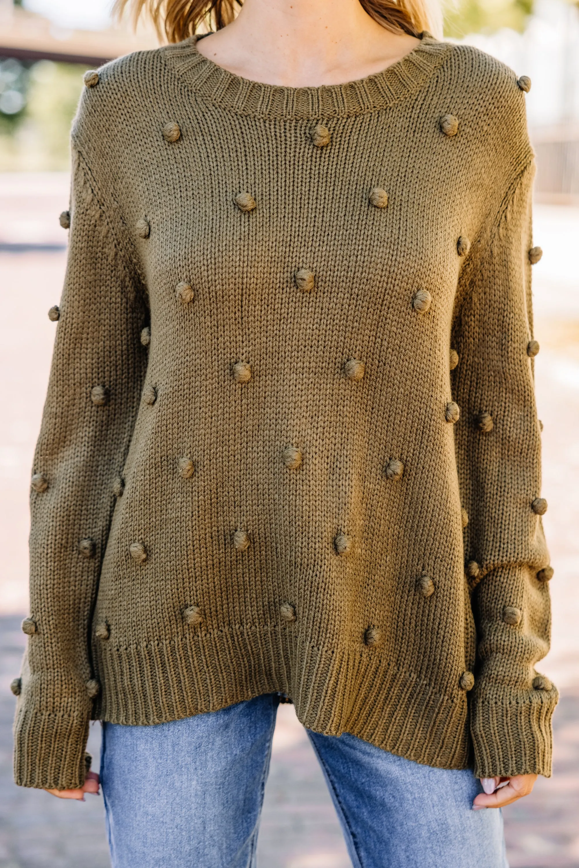 Looking Forward Olive Green Pompom Sweater