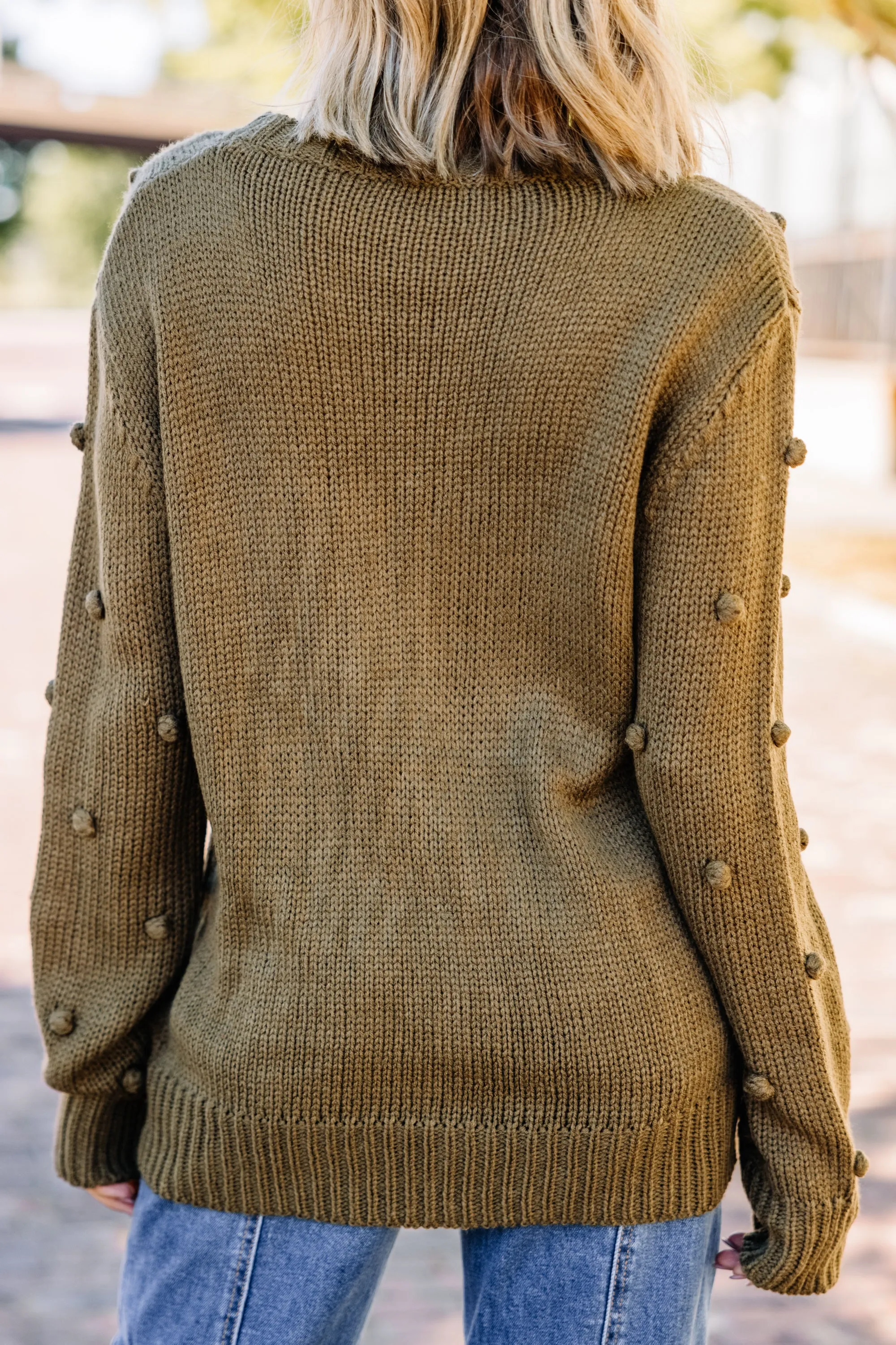 Looking Forward Olive Green Pompom Sweater