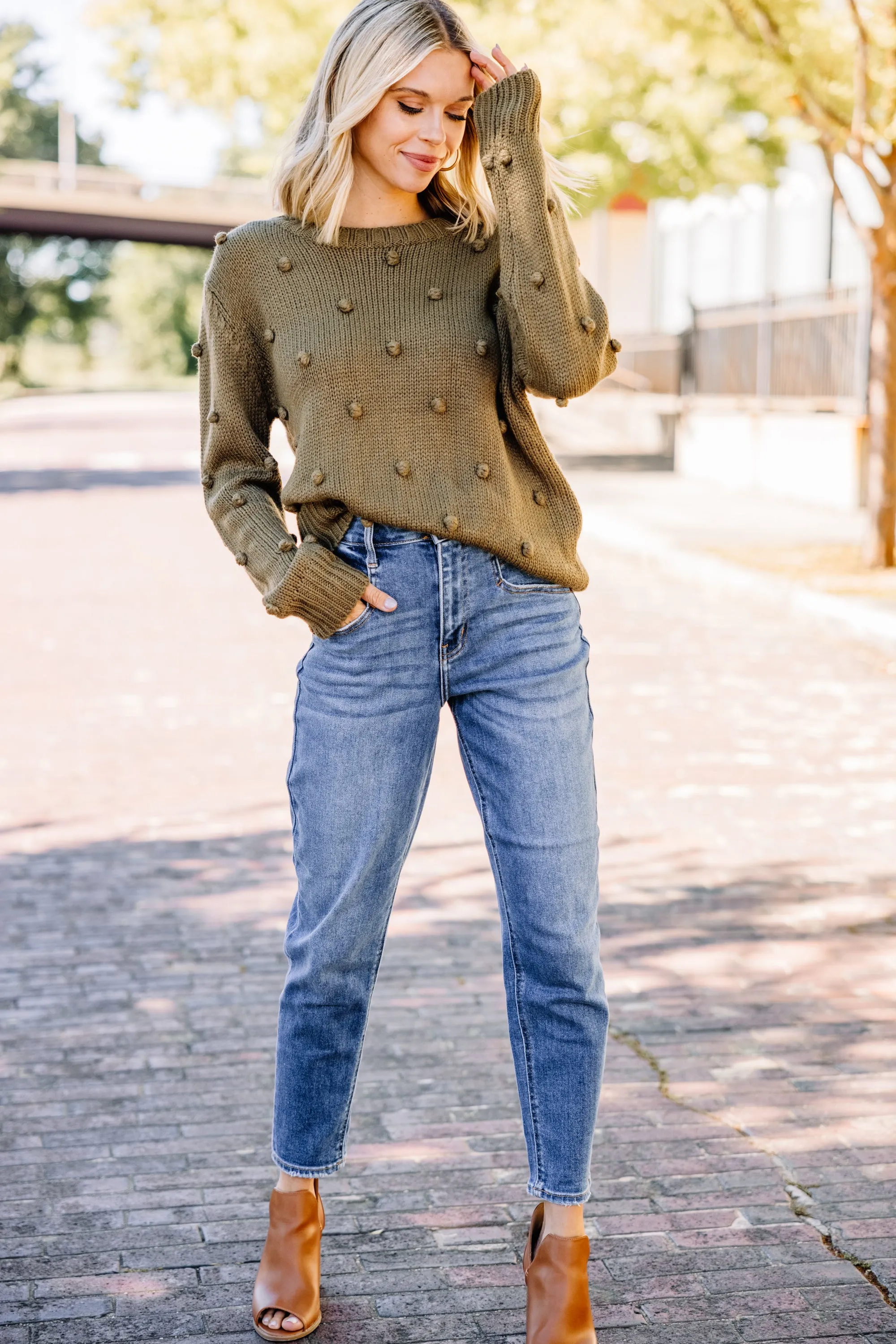 Looking Forward Olive Green Pompom Sweater