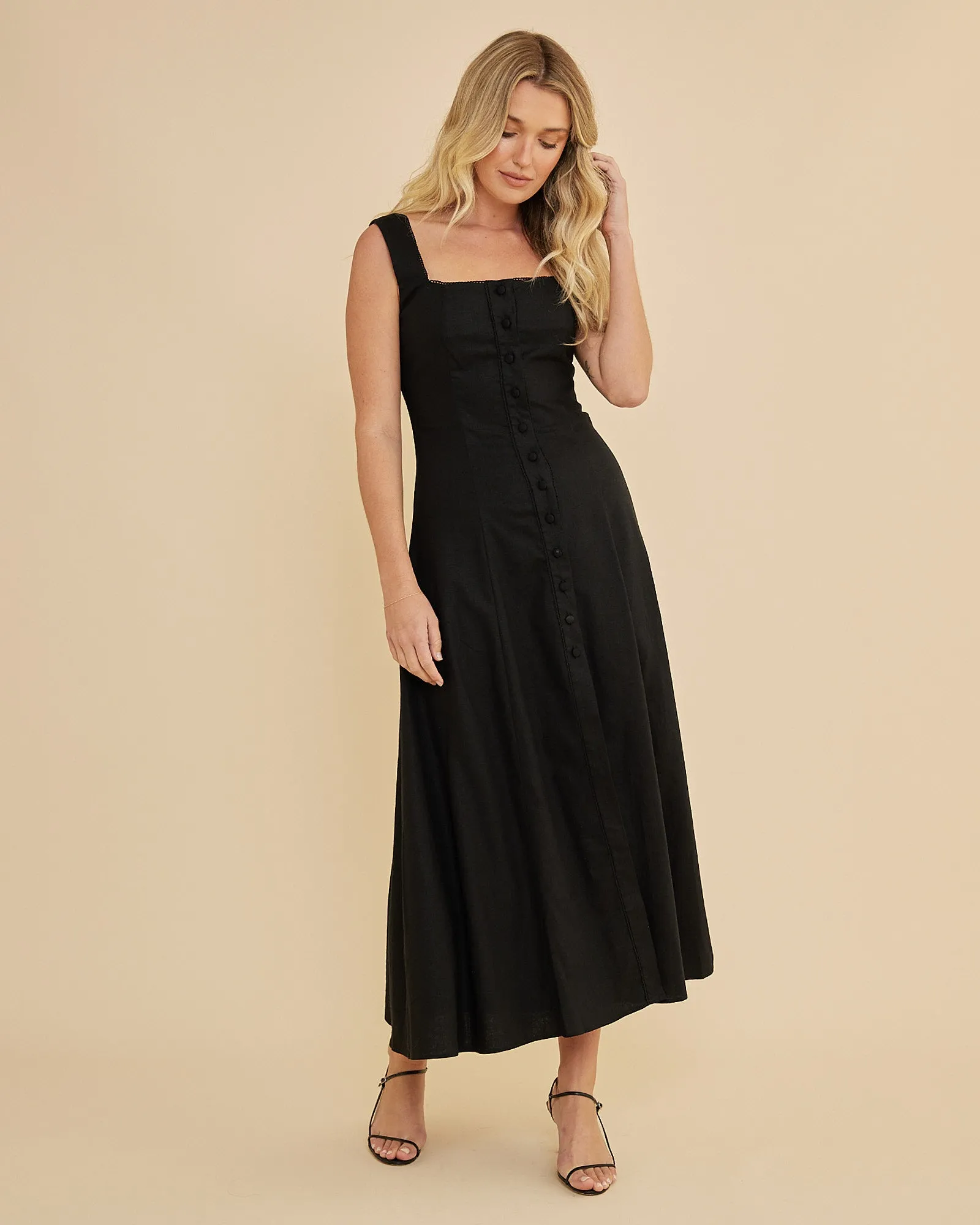 Lucie Buttoned Midi Dress - Black