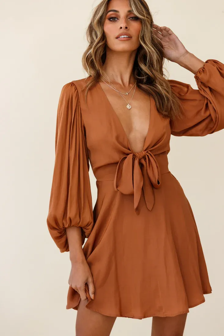 Madison Bow Tie Bust Balloon Sleeve Dress Tan