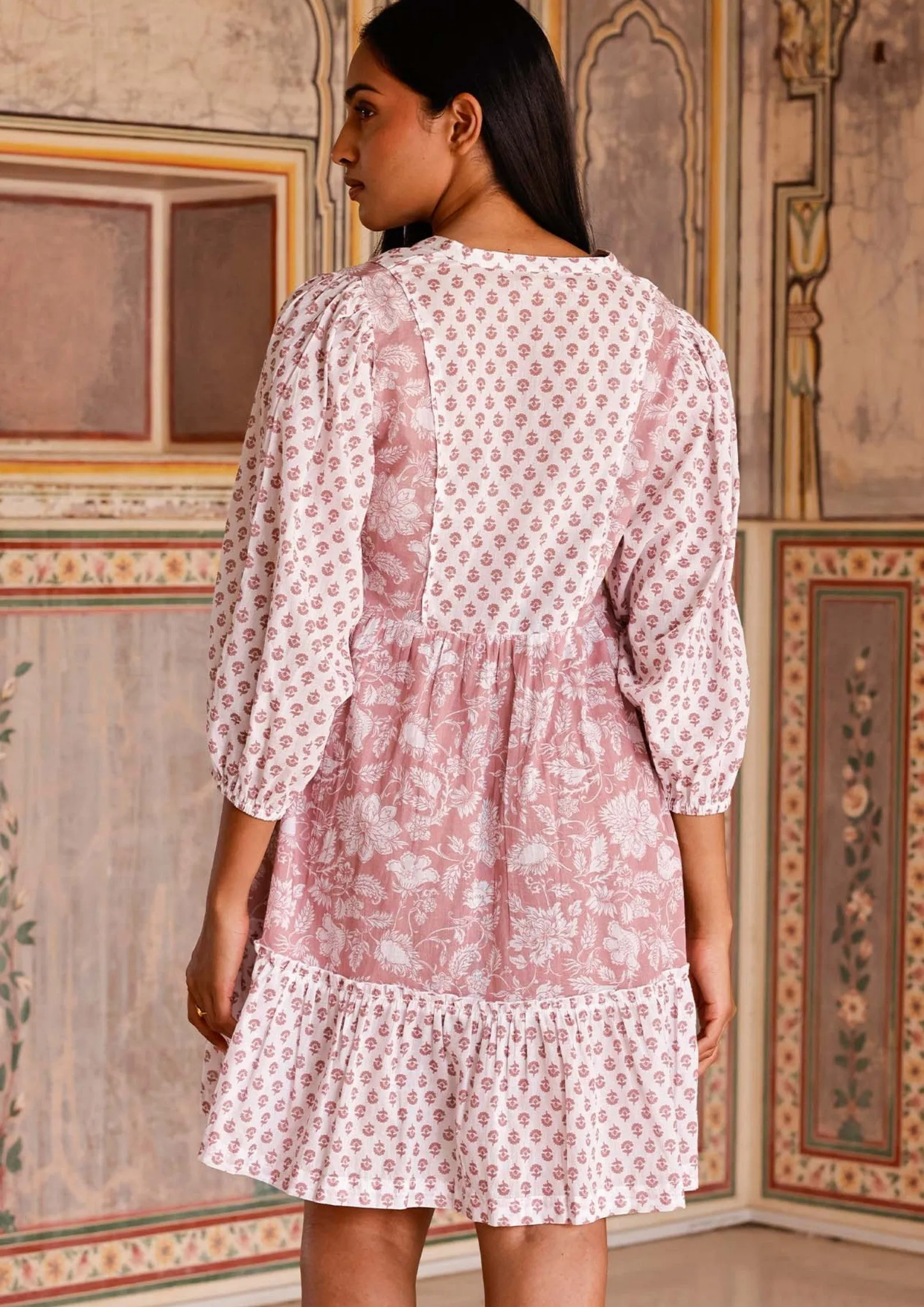 Marina Organic Cotton Print Mix Dress | Blossom Print Dusty Pink/White