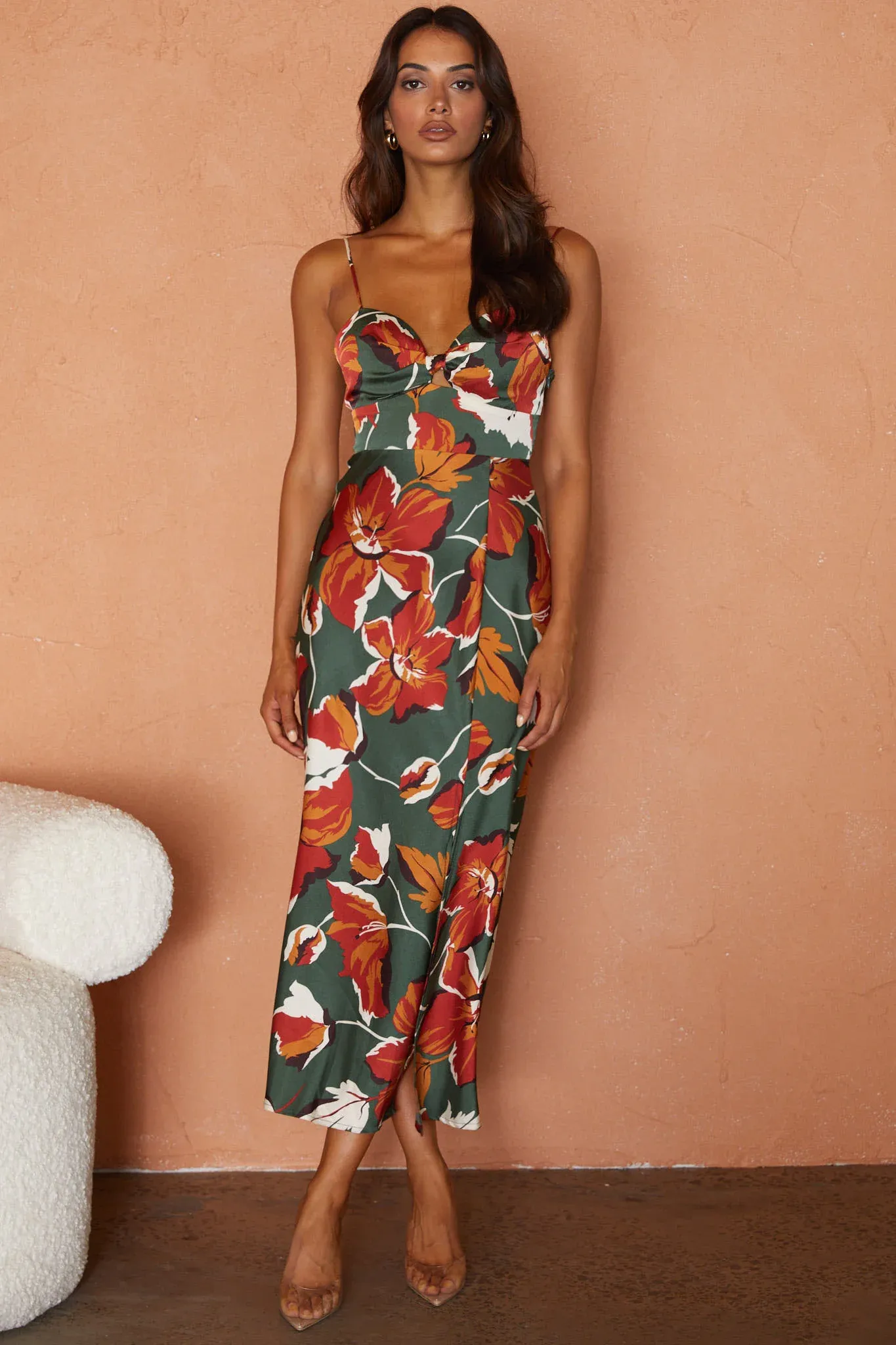 Missoula Cami Strap Padded Bust Midi Dress Floral Print Green