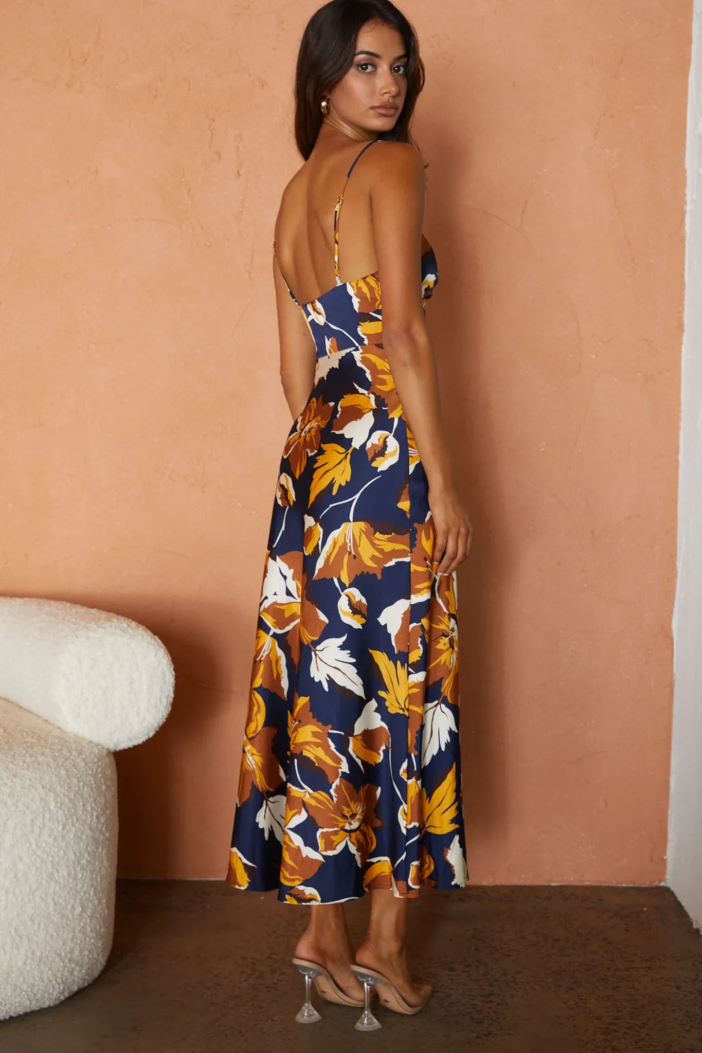 Missoula Cami Strap Padded Bust Midi Dress Floral Print Navy