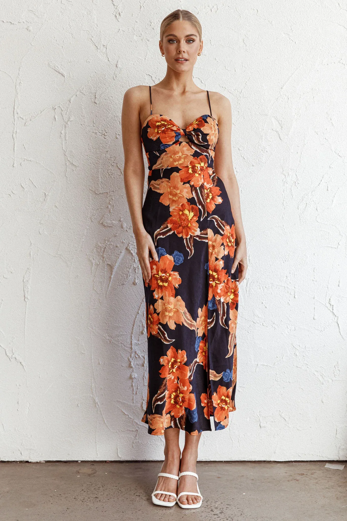 Missoula Cami Strap Padded Bust Midi Dress Flower Orange