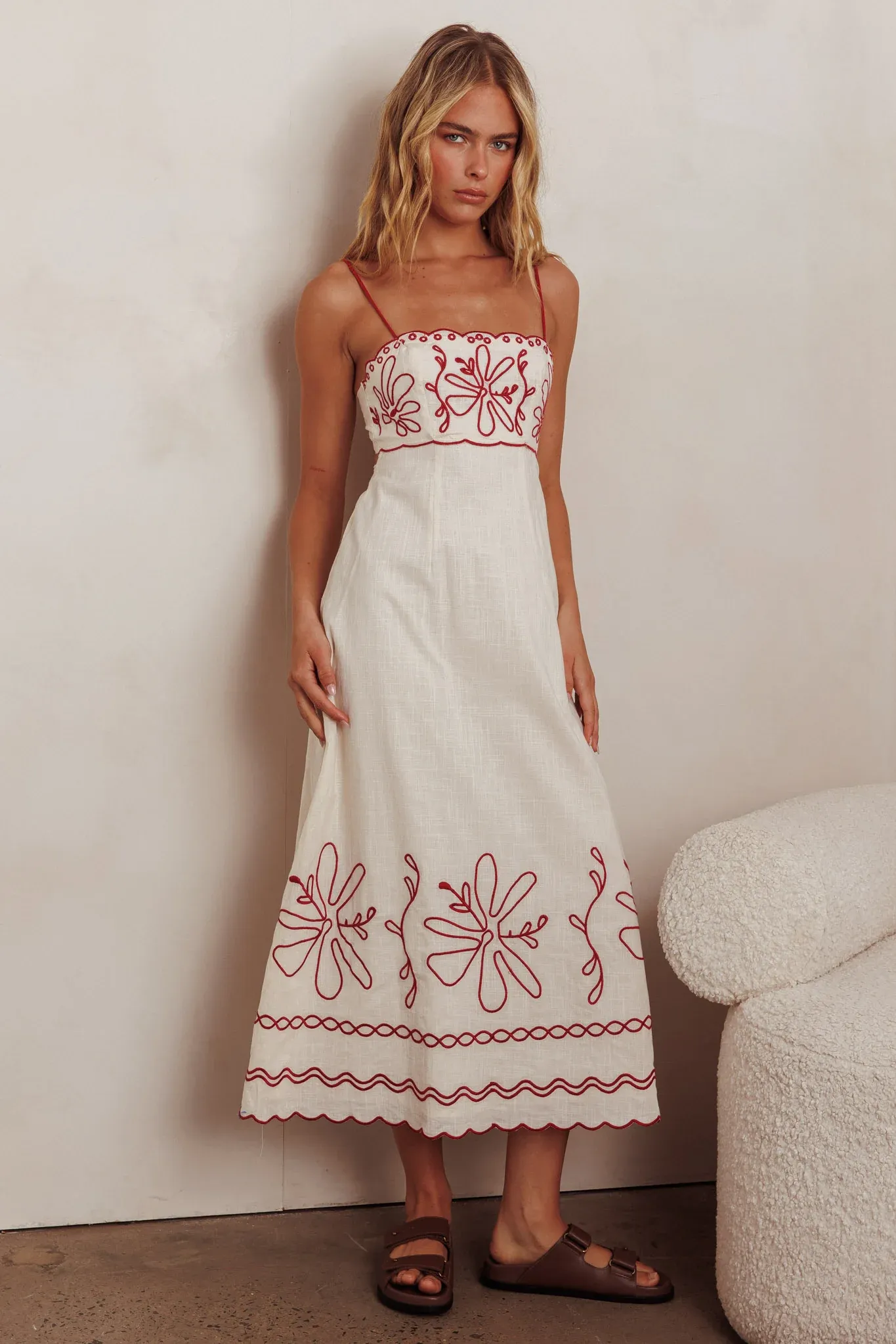 Mondo Scalloped Hem Maxi Dress Embroidered Red