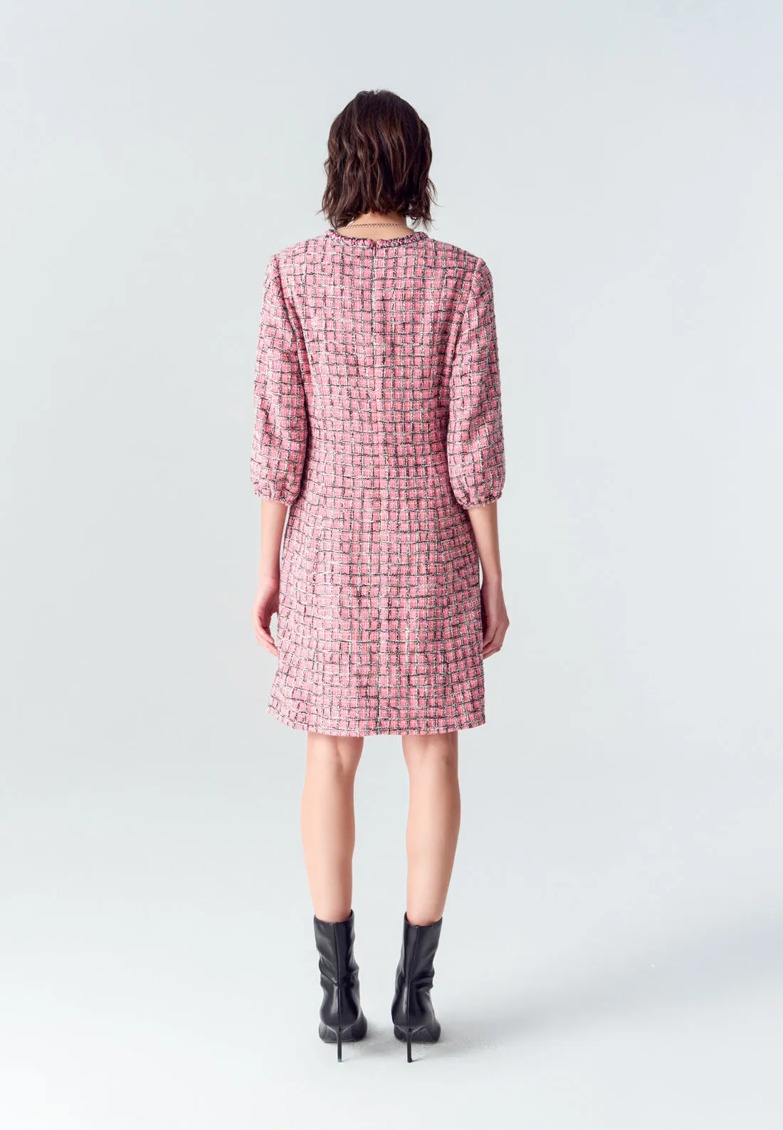 Pink Puff Sleeve Tweed Midi Dress