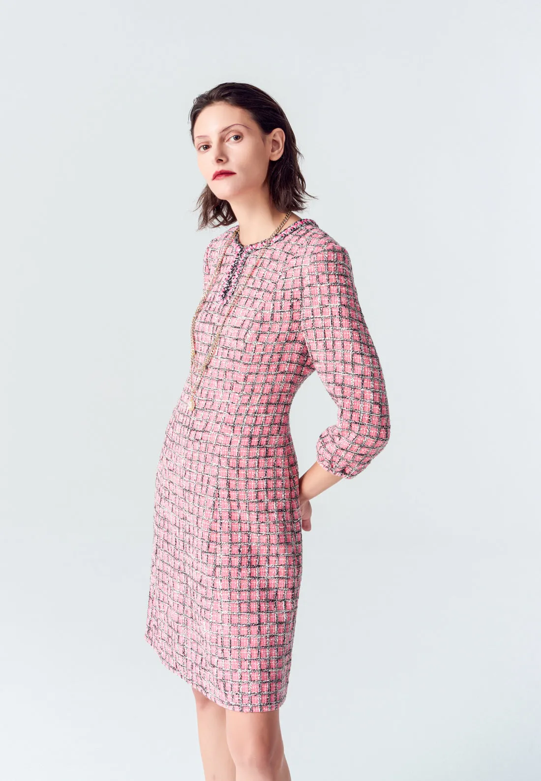 Pink Puff Sleeve Tweed Midi Dress