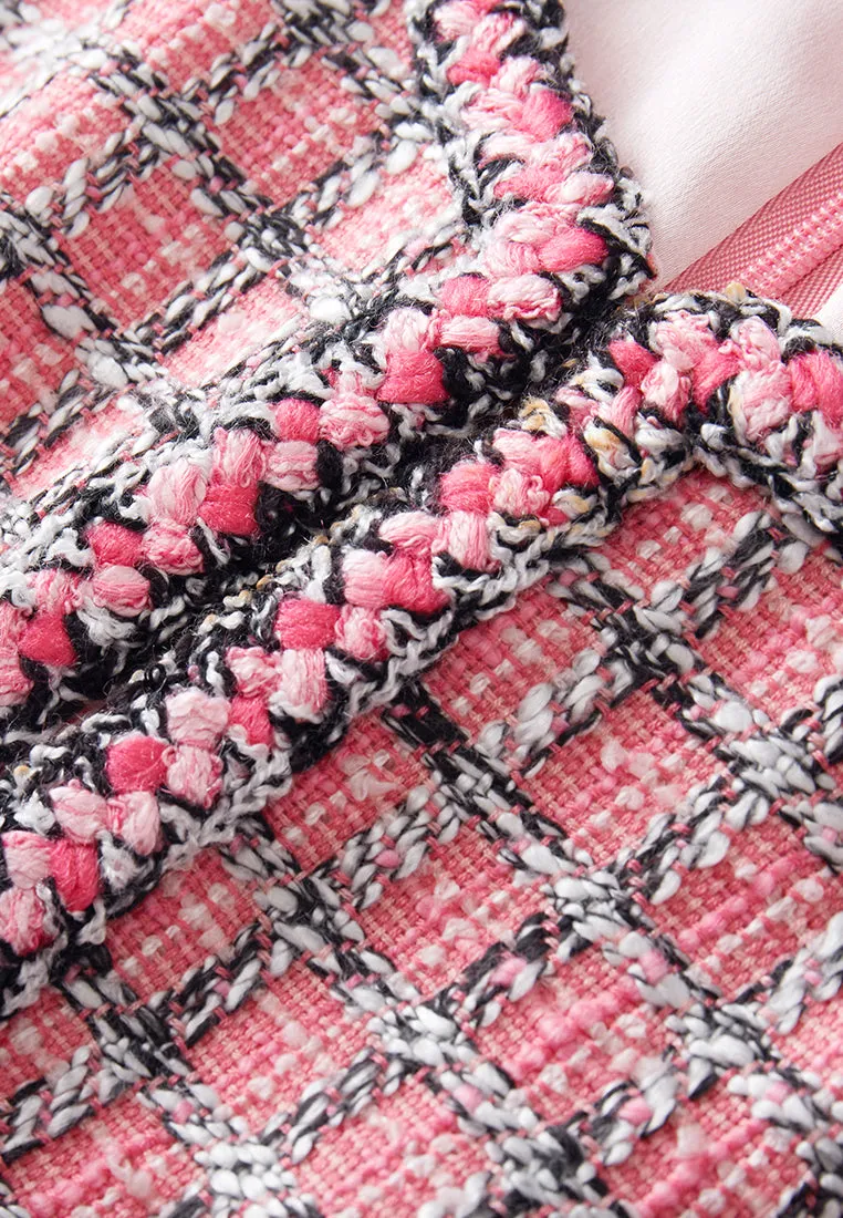 Pink Puff Sleeve Tweed Midi Dress