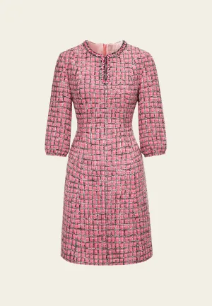 Pink Puff Sleeve Tweed Midi Dress