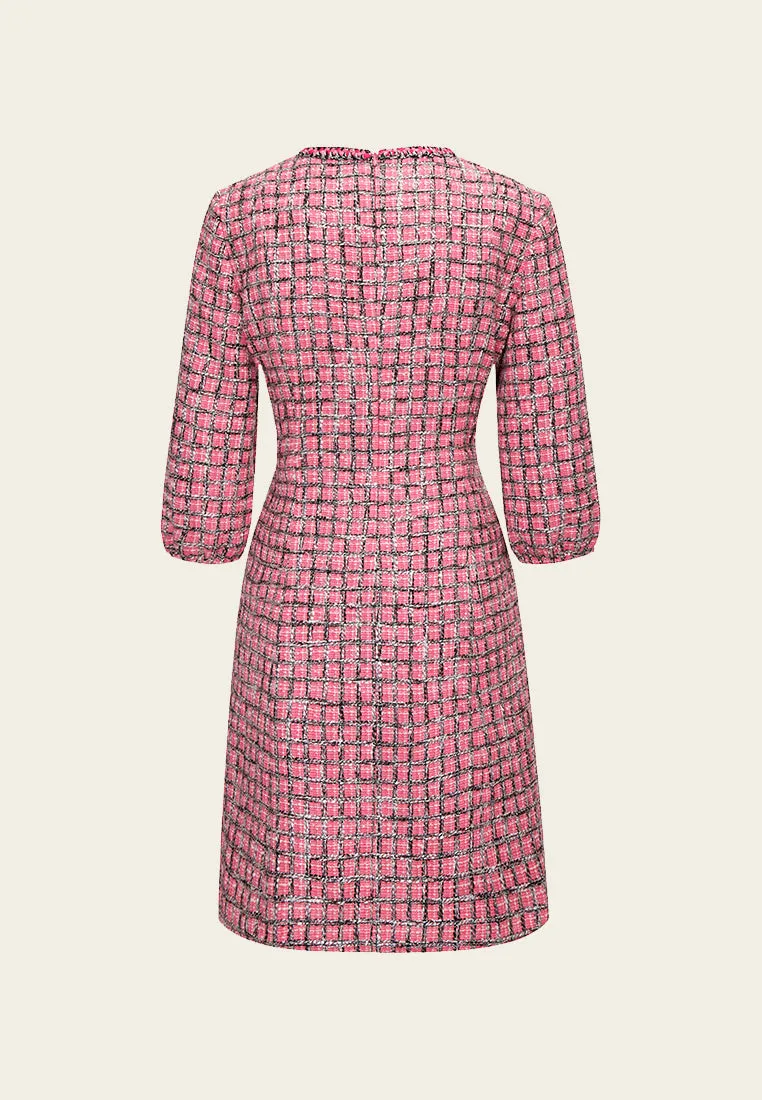 Pink Puff Sleeve Tweed Midi Dress