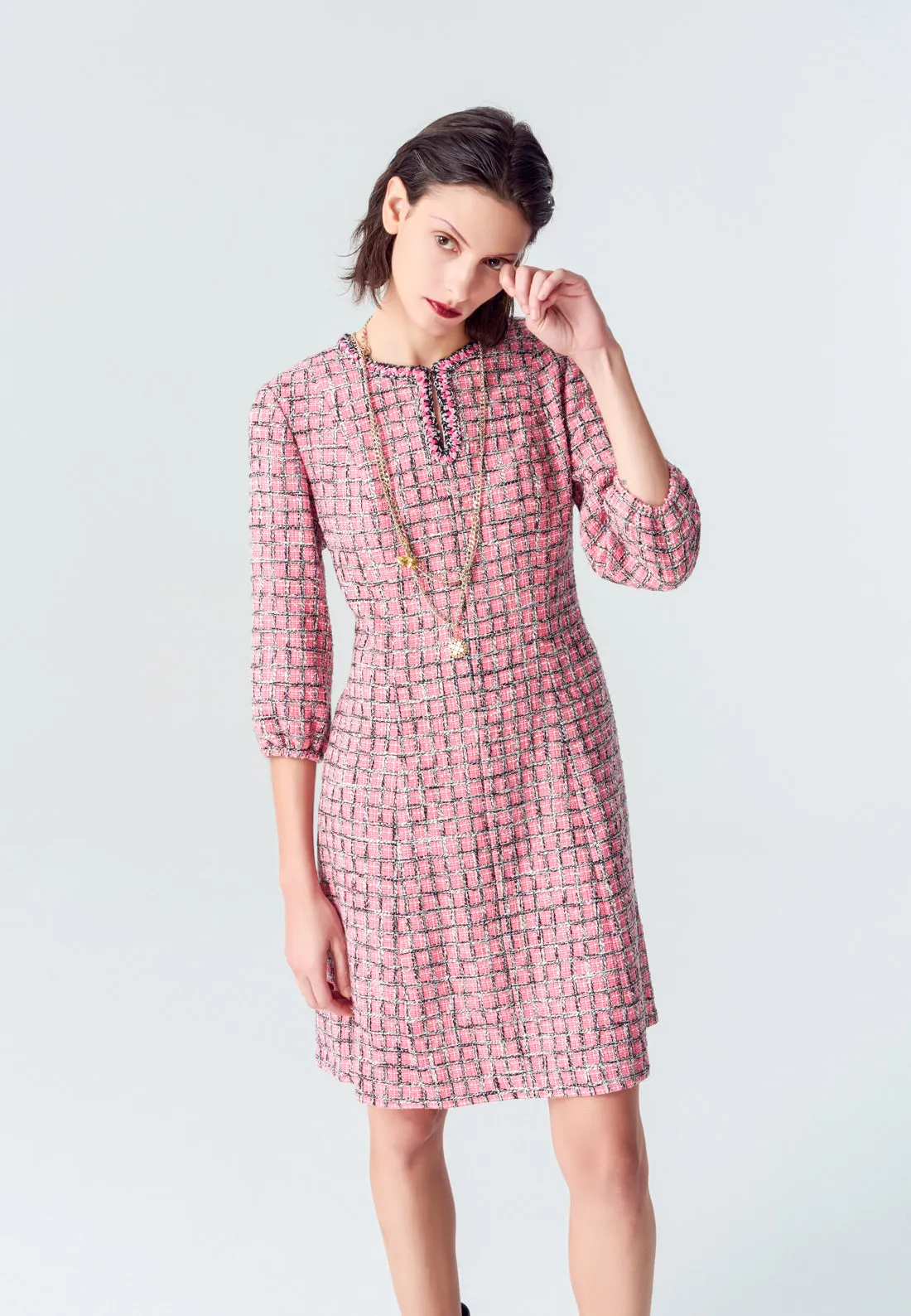 Pink Puff Sleeve Tweed Midi Dress