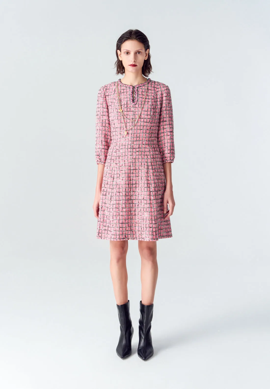 Pink Puff Sleeve Tweed Midi Dress
