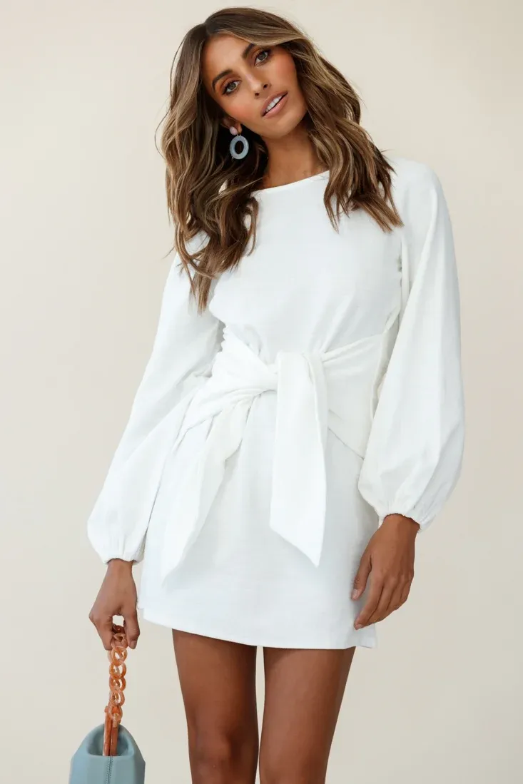 Rapt Waist Tie Balloon Sleeve Knit Dress White