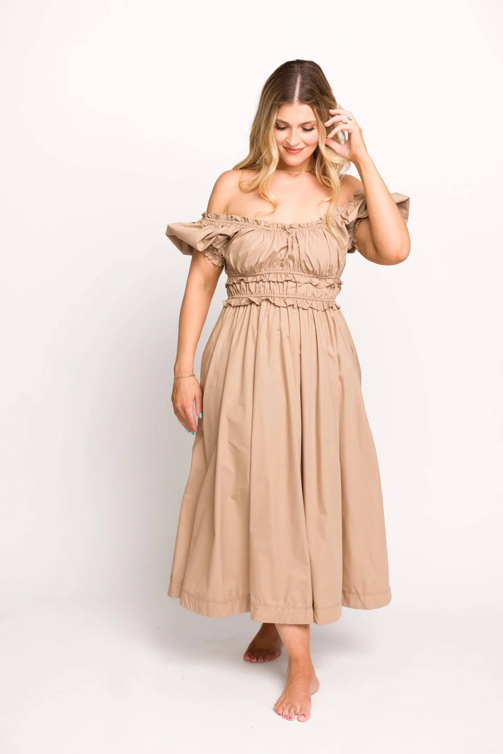Raquel Cotton-Poplin Midi Dress in Dark Natural - Bump Friendly