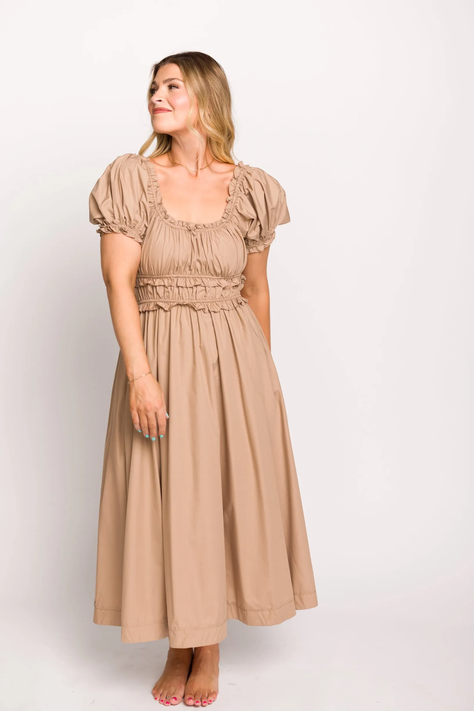 Raquel Cotton-Poplin Midi Dress in Dark Natural - Bump Friendly