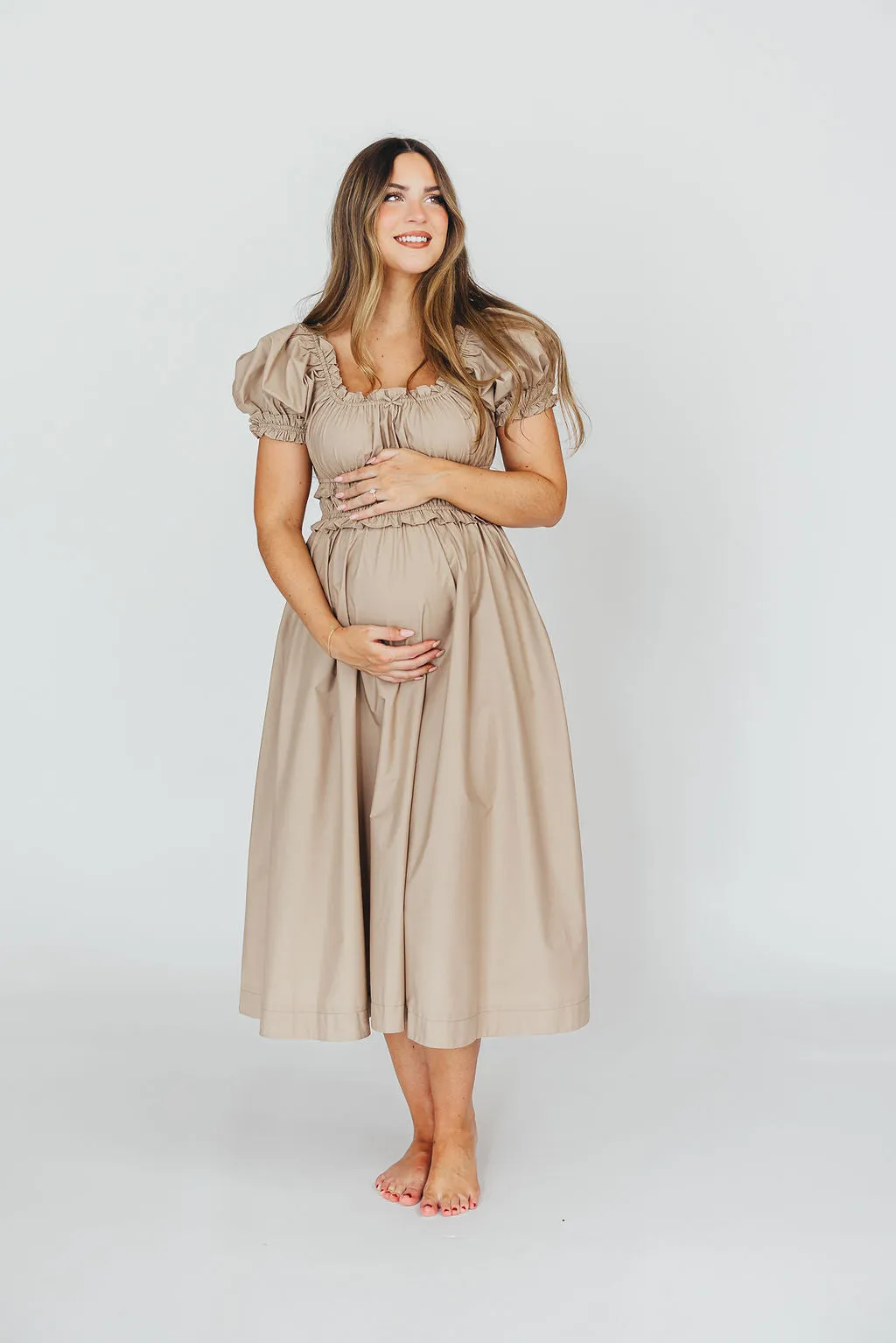 Raquel Cotton-Poplin Midi Dress in Dark Natural - Bump Friendly