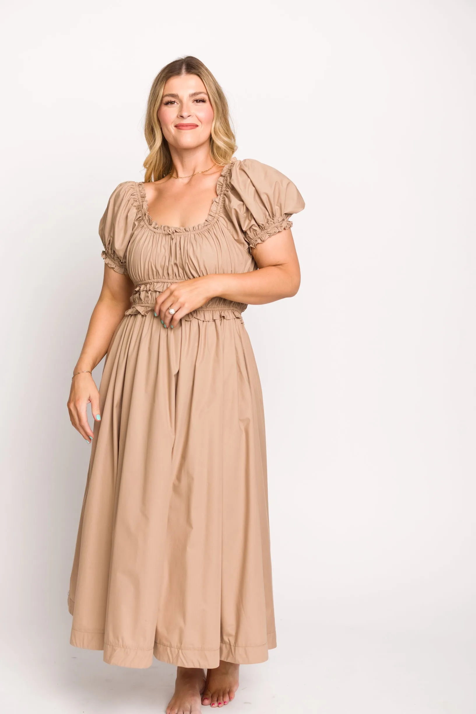 Raquel Cotton-Poplin Midi Dress in Dark Natural - Bump Friendly
