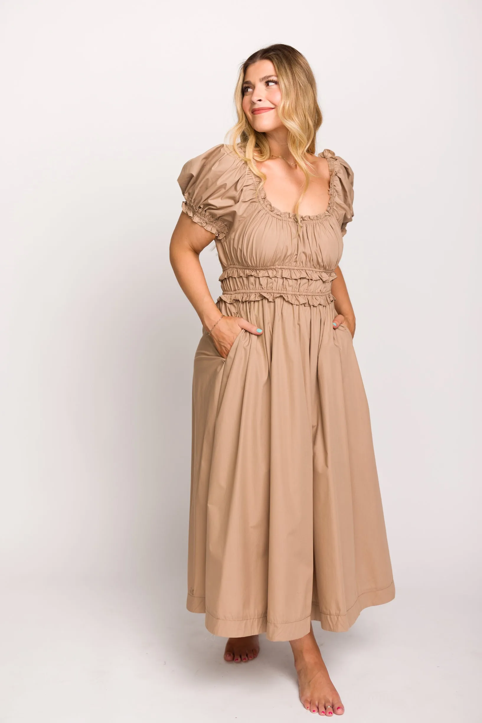 Raquel Cotton-Poplin Midi Dress in Dark Natural - Bump Friendly