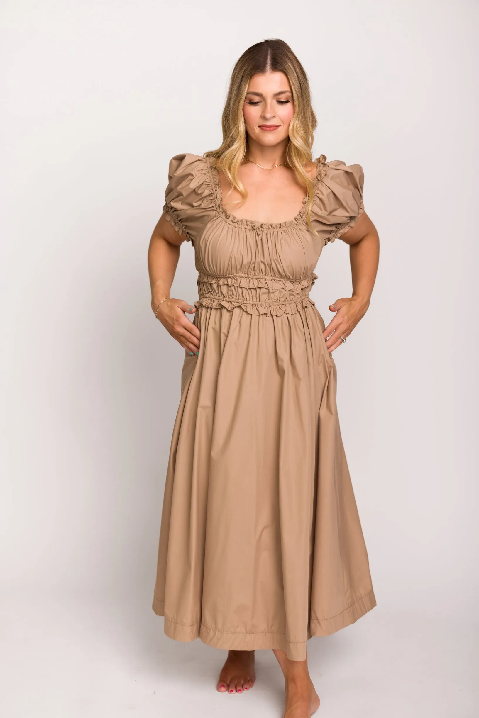 Raquel Cotton-Poplin Midi Dress in Dark Natural - Bump Friendly