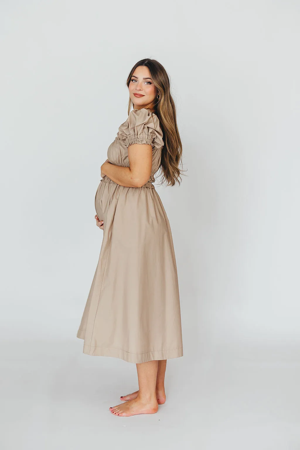 Raquel Cotton-Poplin Midi Dress in Dark Natural - Bump Friendly