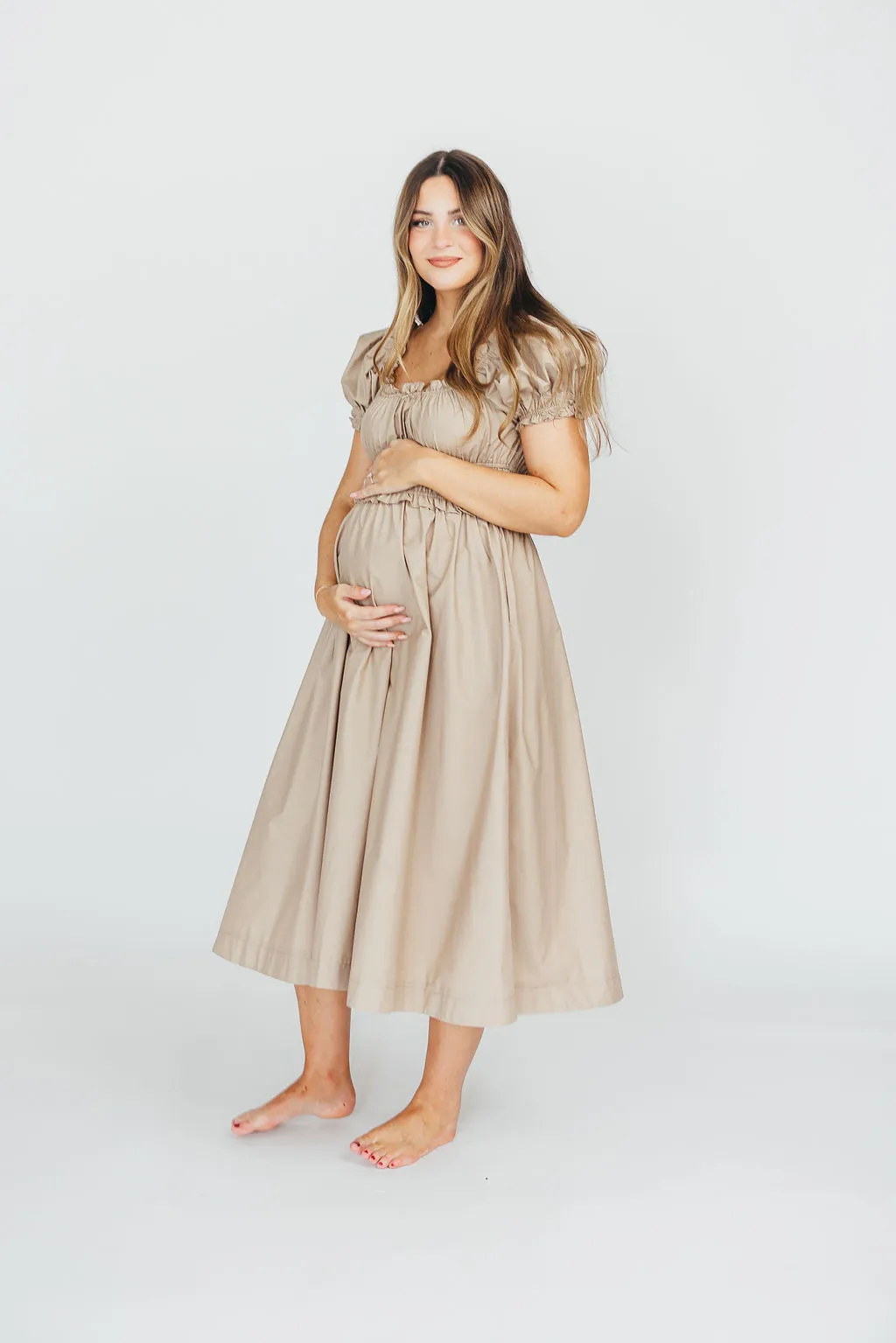 Raquel Cotton-Poplin Midi Dress in Dark Natural - Bump Friendly
