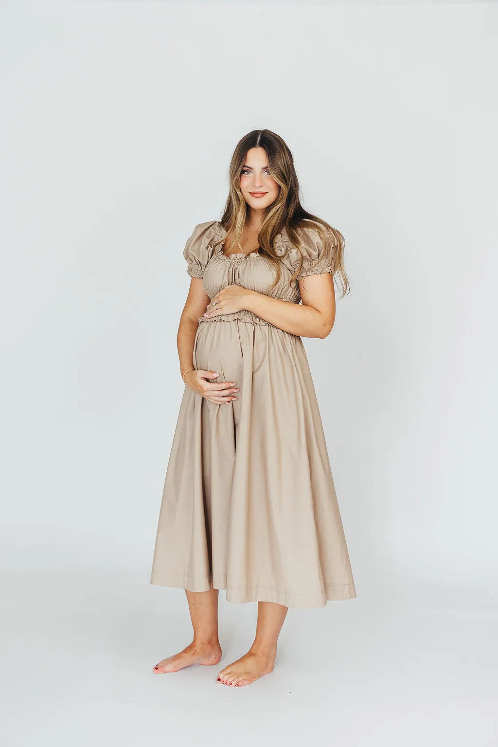 Raquel Cotton-Poplin Midi Dress in Dark Natural - Bump Friendly