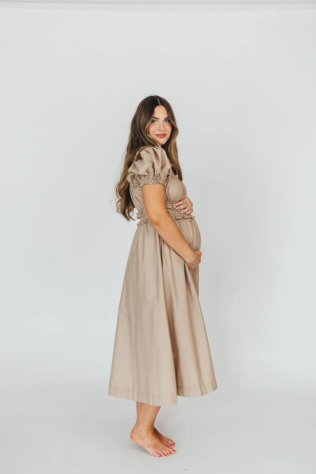 Raquel Cotton-Poplin Midi Dress in Dark Natural - Bump Friendly