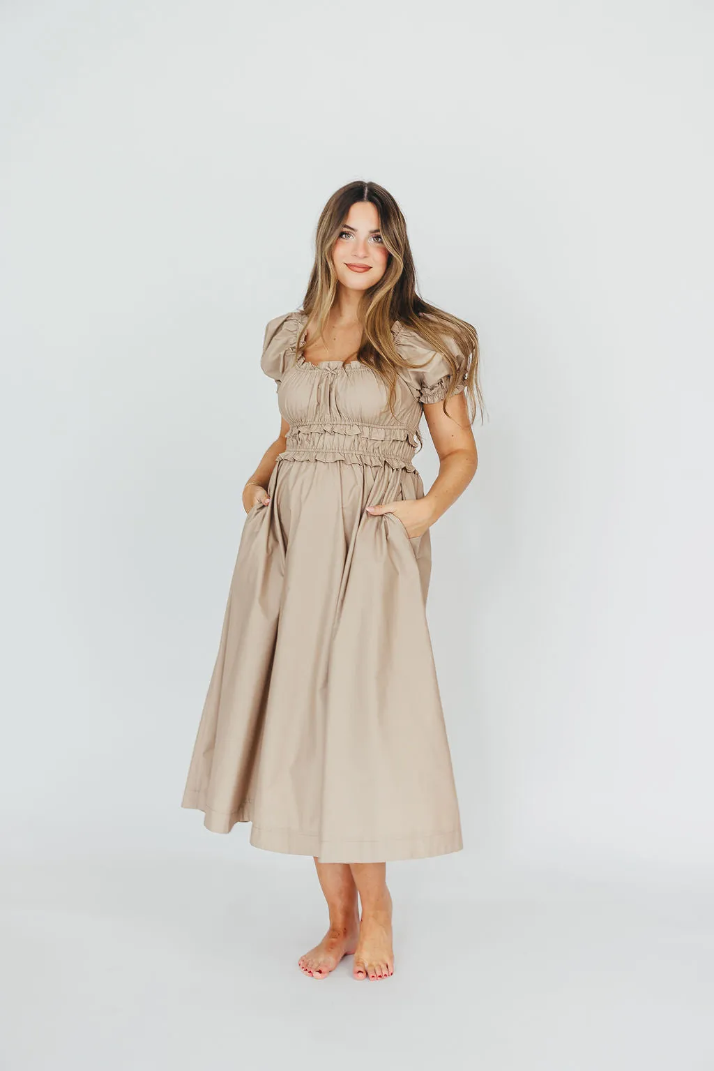Raquel Cotton-Poplin Midi Dress in Dark Natural - Bump Friendly