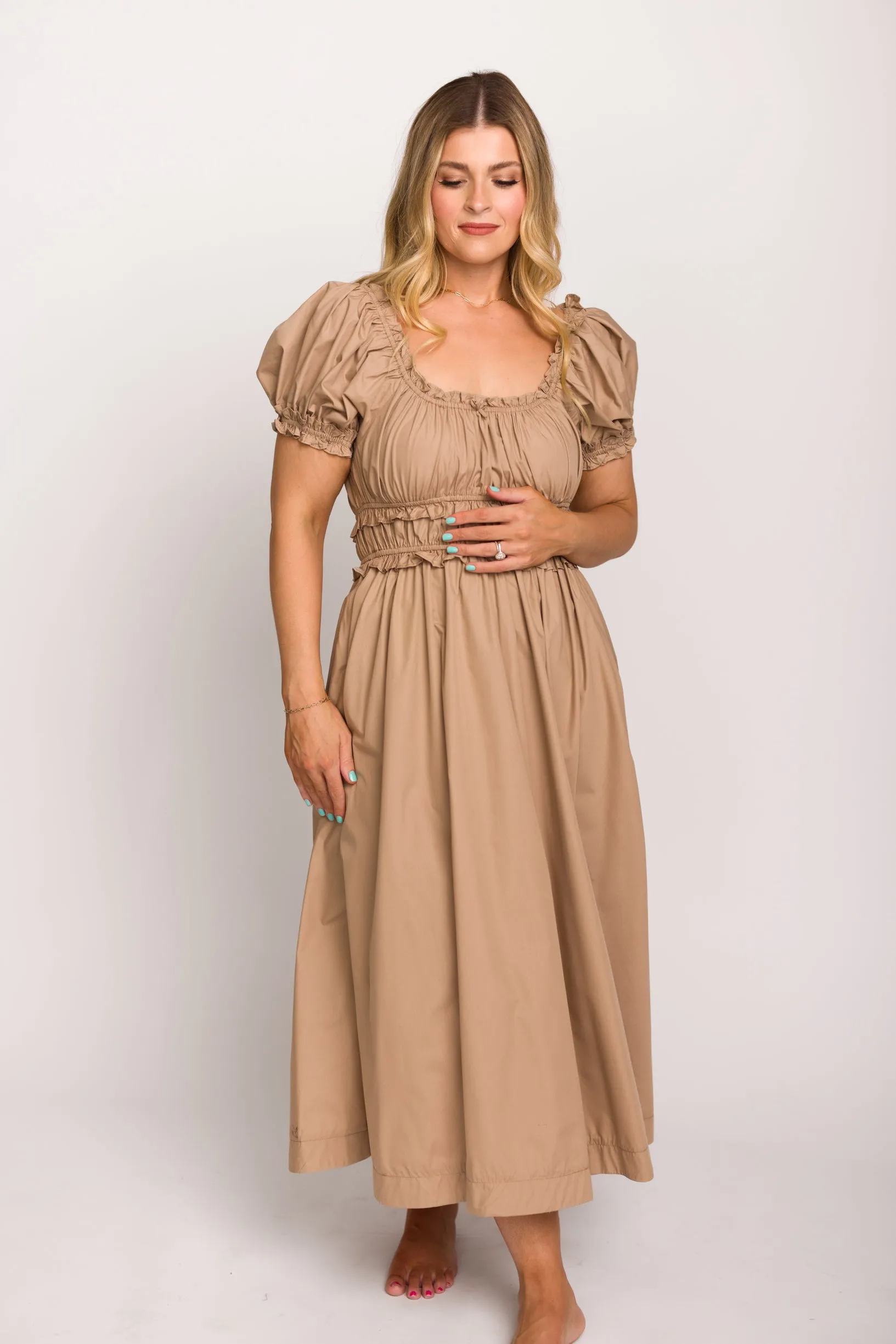 Raquel Cotton-Poplin Midi Dress in Dark Natural - Bump Friendly