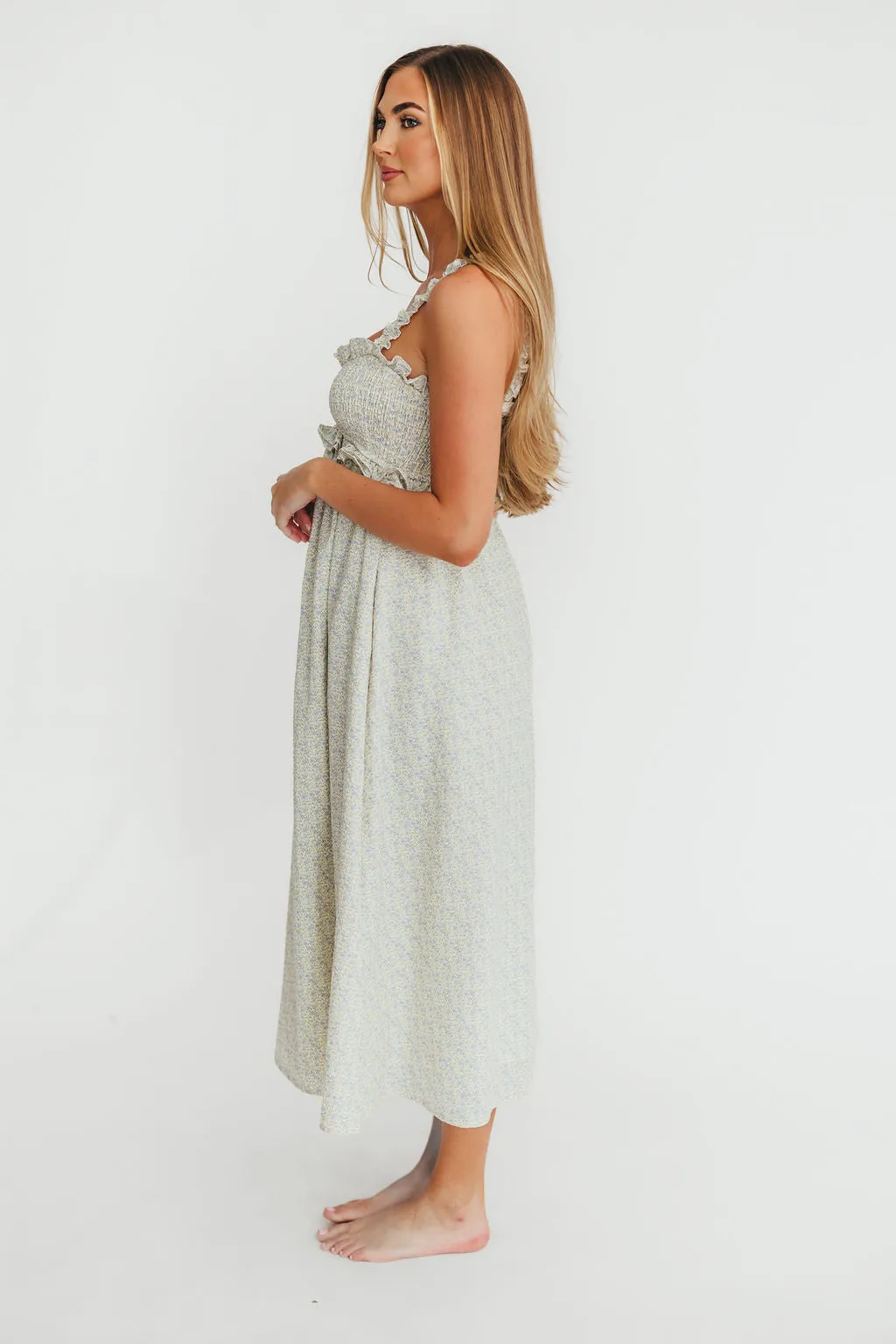 Raya Ruffle Trim Midi Dress in Blue Floral