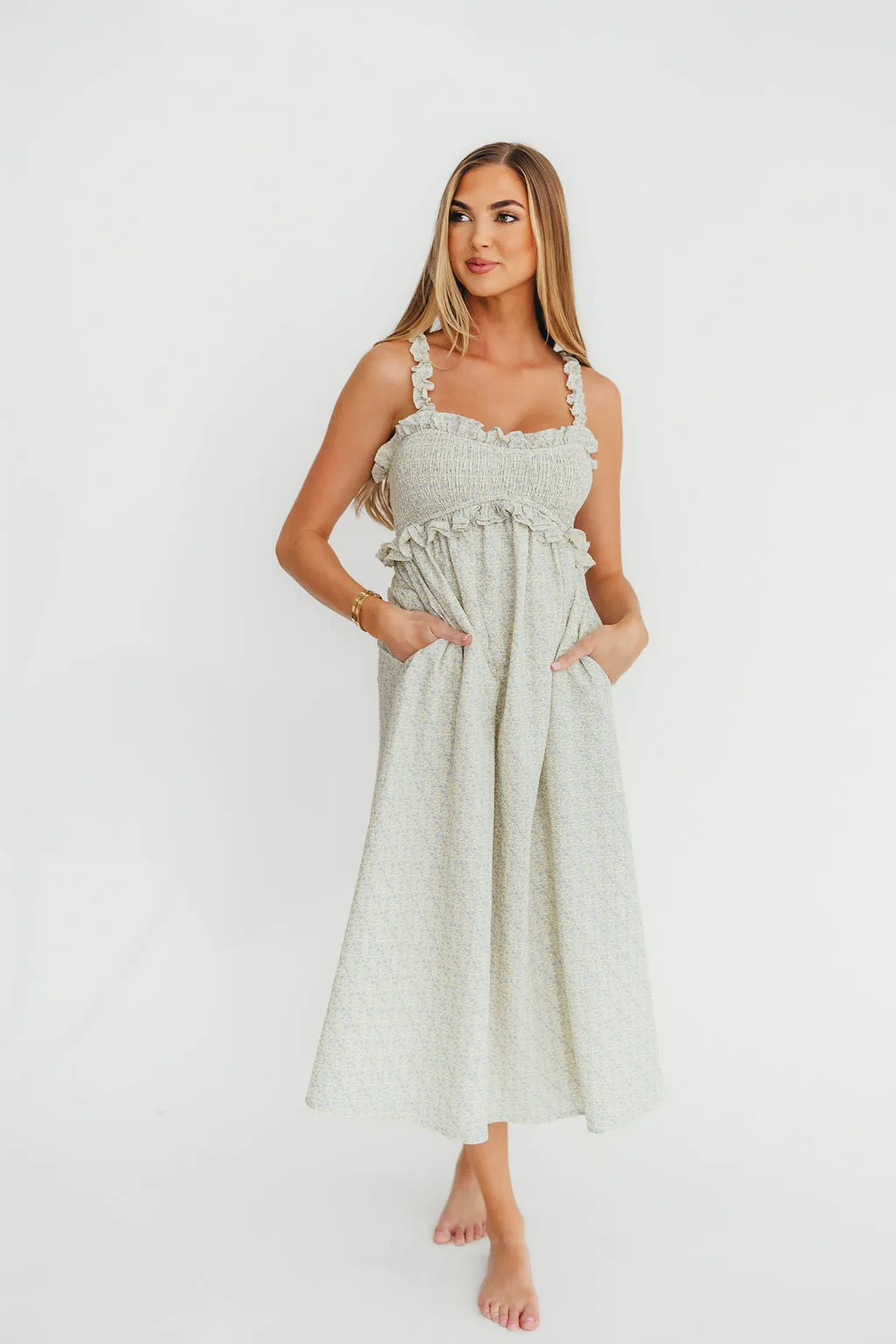 Raya Ruffle Trim Midi Dress in Blue Floral
