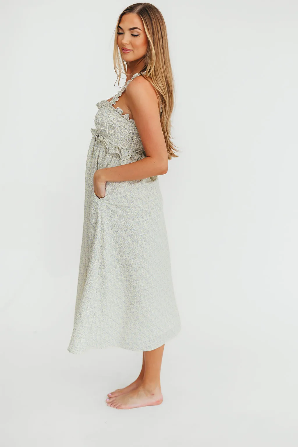 Raya Ruffle Trim Midi Dress in Blue Floral