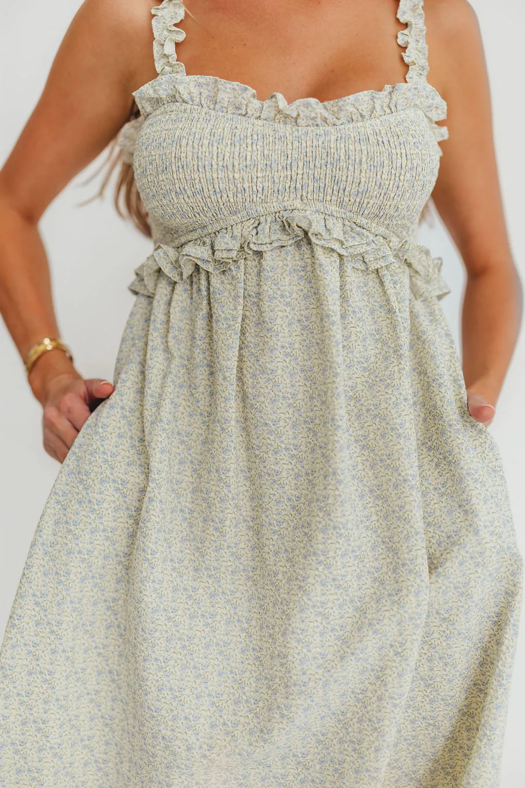 Raya Ruffle Trim Midi Dress in Blue Floral