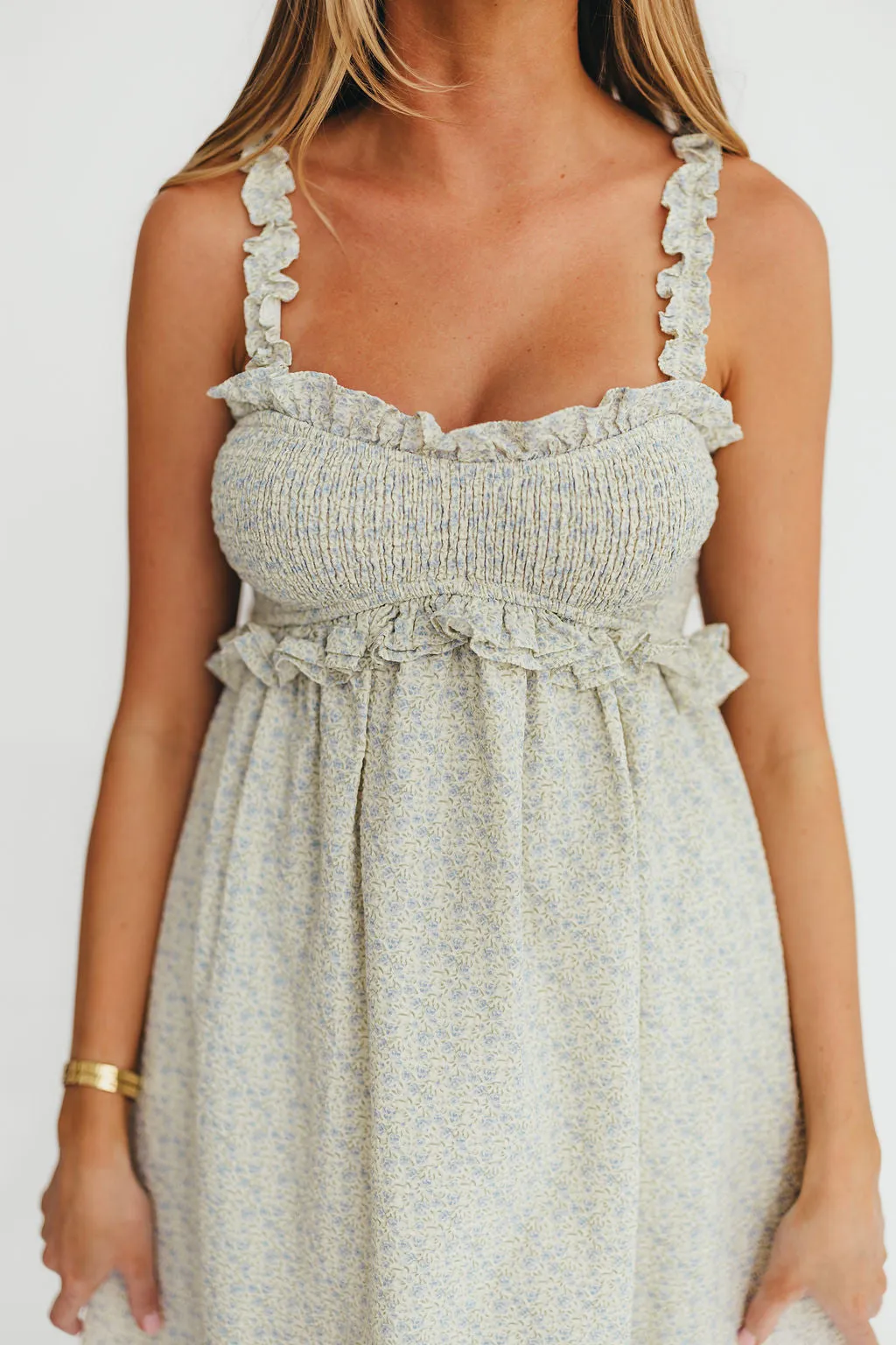 Raya Ruffle Trim Midi Dress in Blue Floral