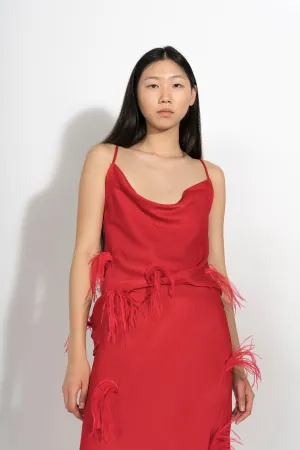 RED SLIP TOP WITH FEATHERS