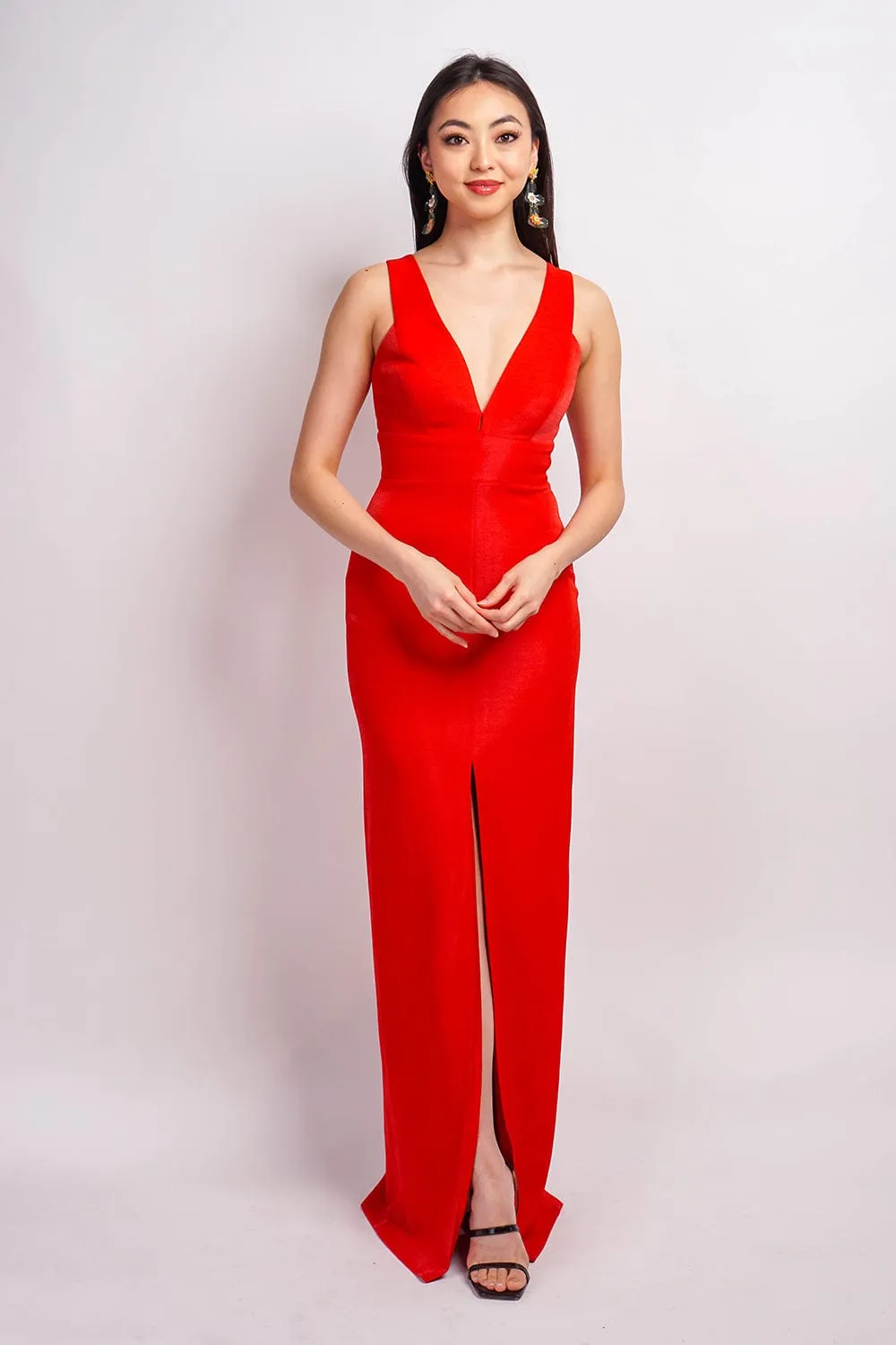 Ruby Red Luxe Slim V Neck Sonaya Gown