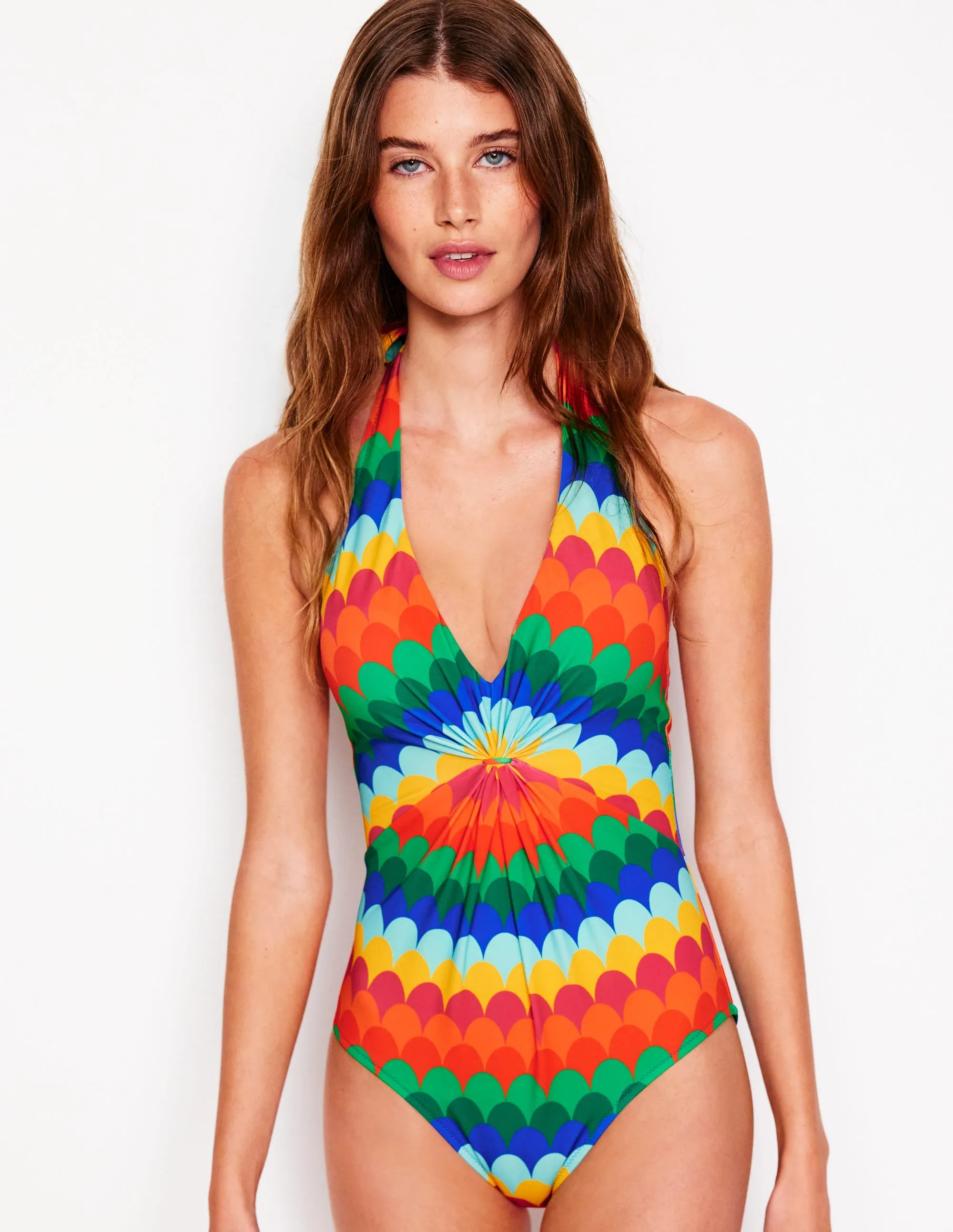 Ruched Loop Swimsuit-Multi. Scallop Stripe
