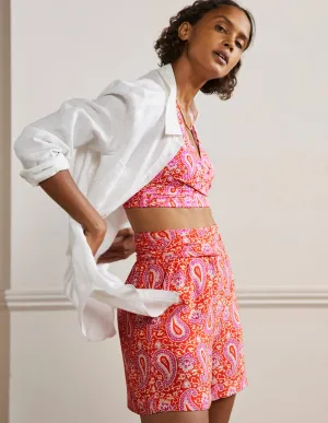 Ruched Waistband Shorts-Papaya. Enchanting Paisley