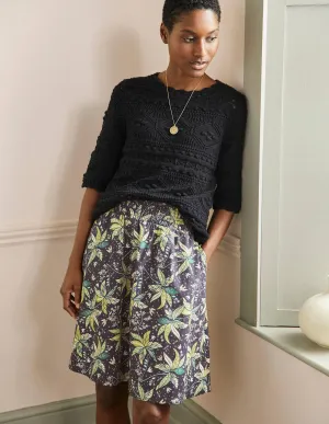 Shirred Waist Cotton Skirt-Black. Oriental Cascade