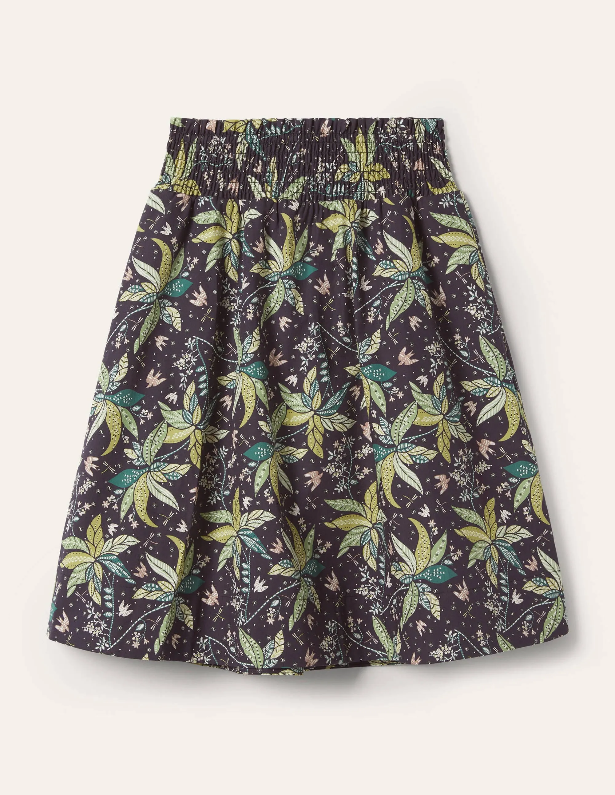 Shirred Waist Cotton Skirt-Black. Oriental Cascade