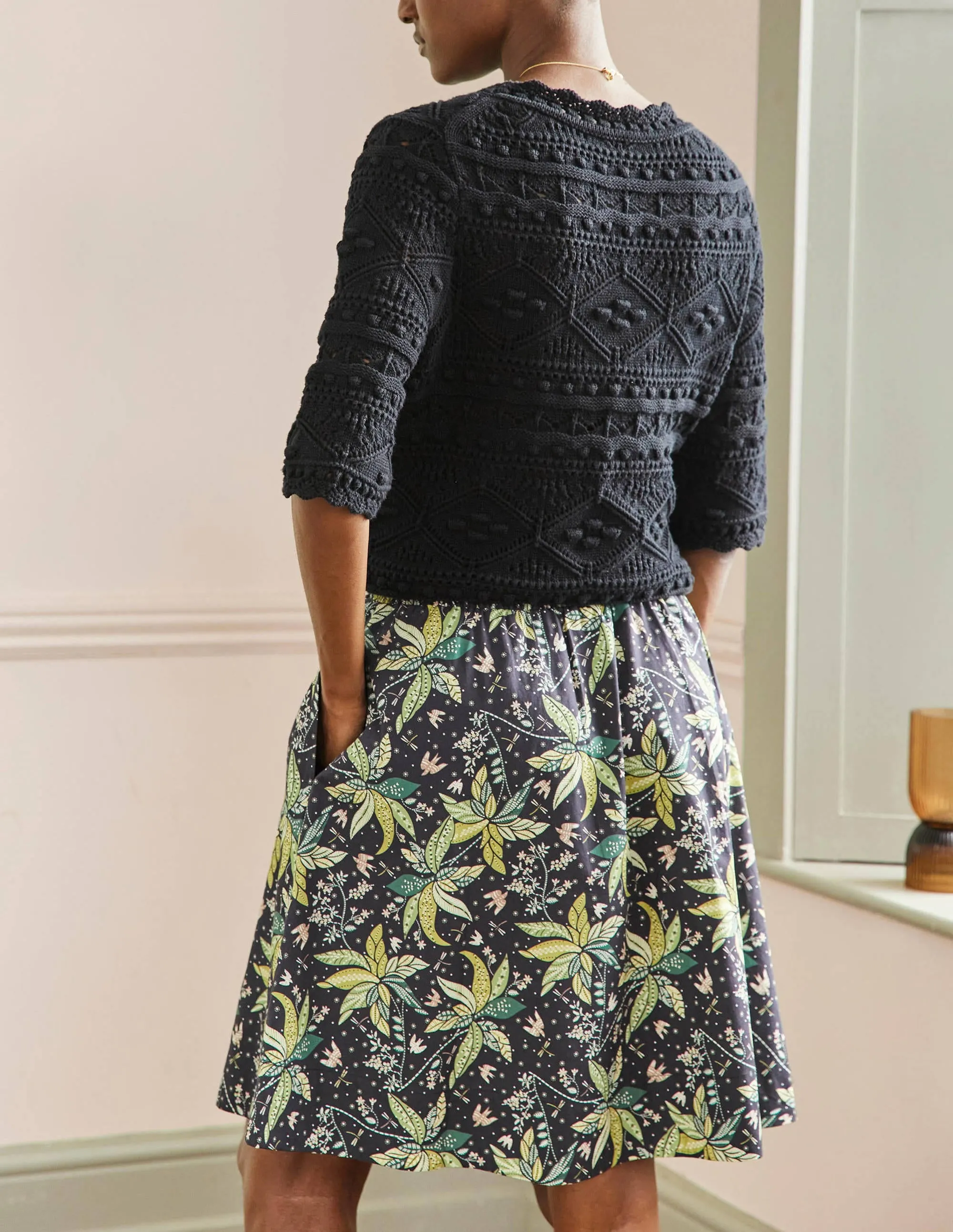 Shirred Waist Cotton Skirt-Black. Oriental Cascade
