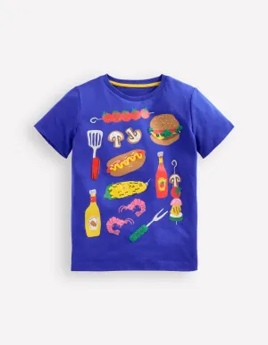 Short Sleeve Appliqué T-shirt-Bright Blue BBQ