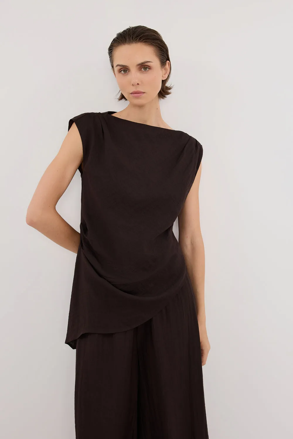 SHYLA BITTER CHOC ASYMMETRICAL TOP